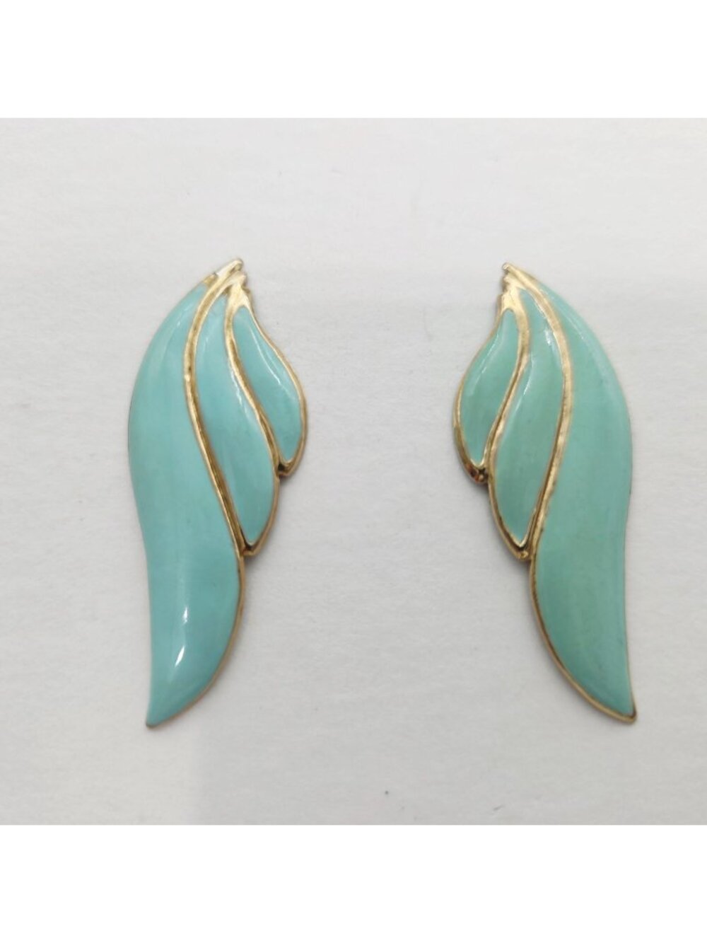 Gold-Tone & Enamel Aqua Wing-Shaped Clip-On Earrings Vintage Costume Jewelry 2"